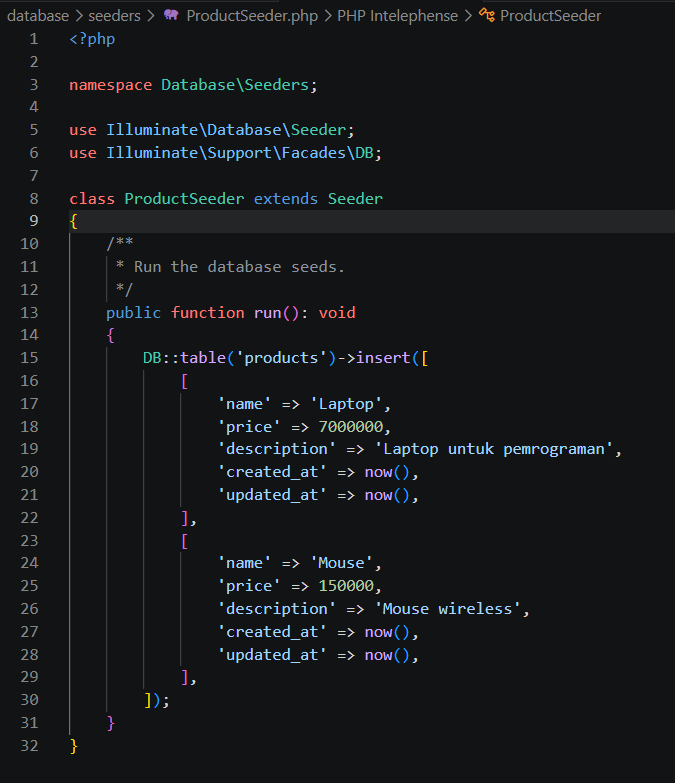 Implementasi Isi ProductSeeder