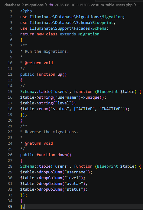 Source code isi file migrasi penambahan kolom