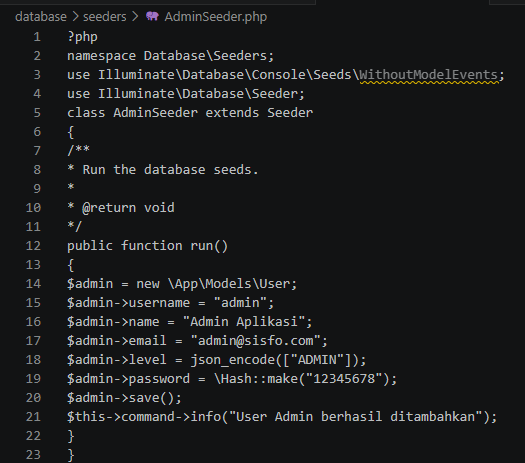 Implementasi kode program seeder pengguna admin