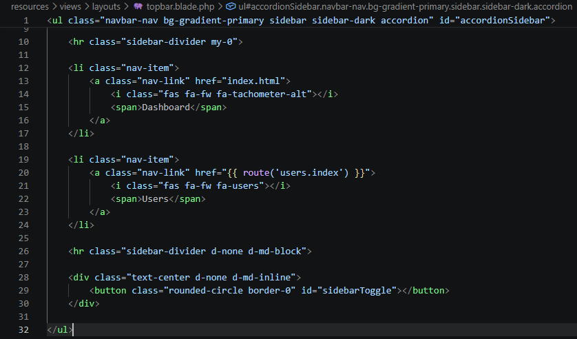 Source code struktur navbar atas topbar