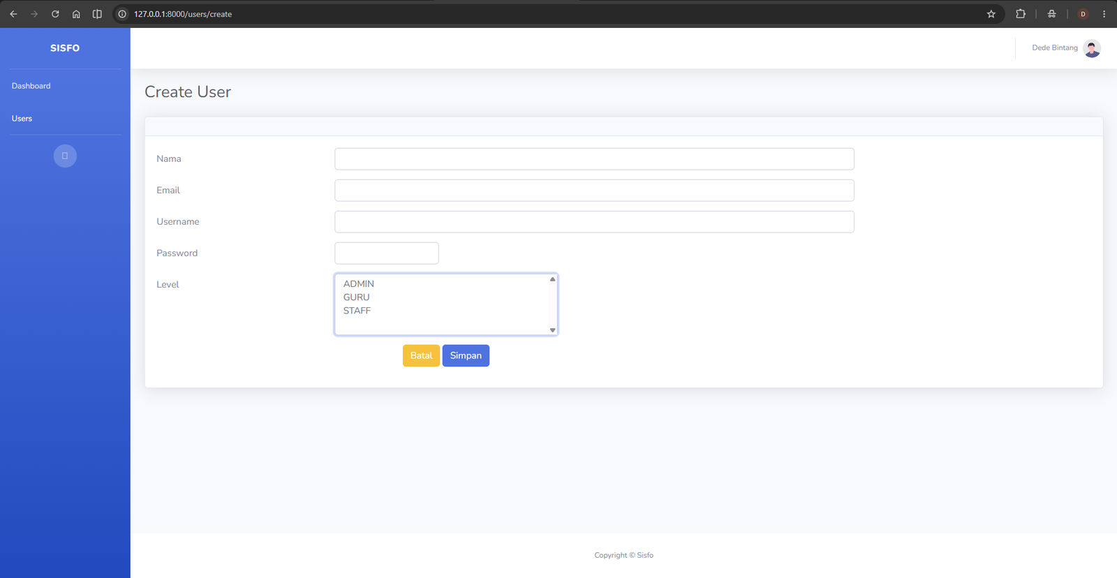 Visualisasi form input pengguna baru lengkap