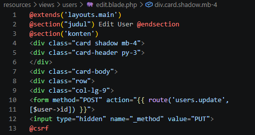 Struktur tag form dengan method spoofing PUT