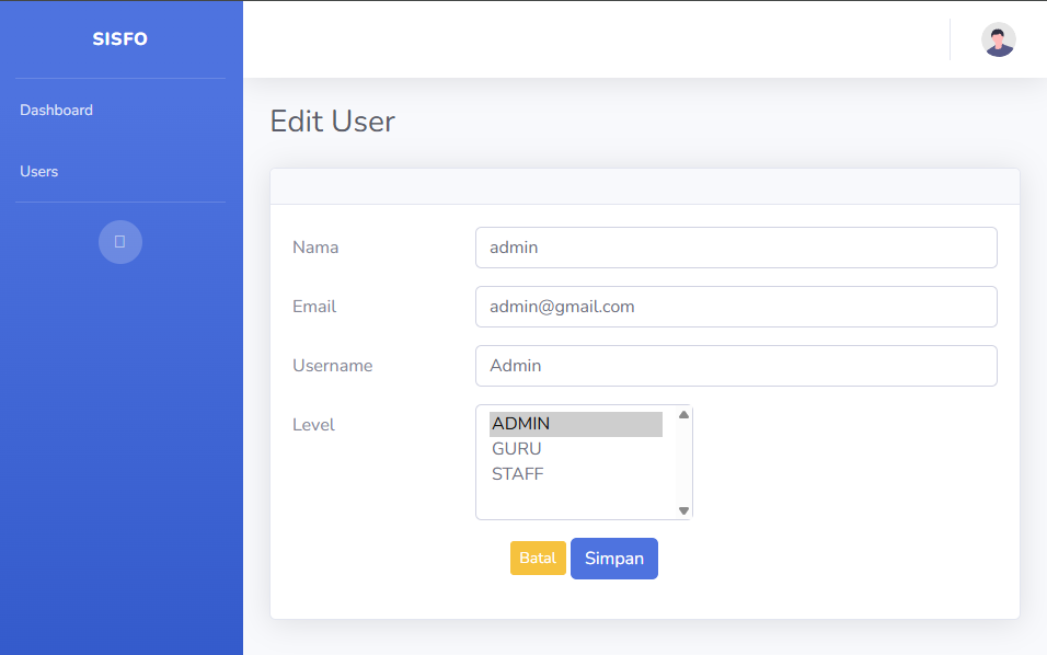 Visualisasi form edit dengan data binding user admin