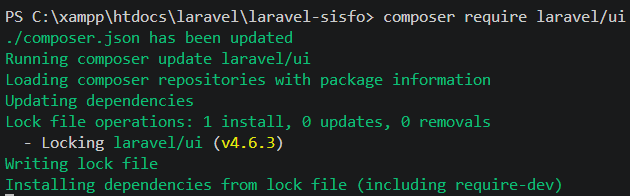 Instalasi package laravel/ui via composer